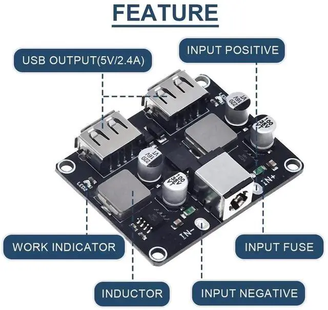 Alt view image 6 of 7 - 2 Pcs DC-DC Buck Converter Step-Down Module, 6-32V to 5V Dual USB QC3.0 QC2.0 Fast Charging Circuit Board with DC Power Cable