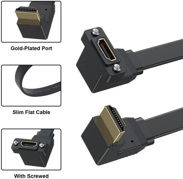 Alt view image 4 of 7 - 1.5ft Flat 90 Degree HDMI Extension Cable, Up Angle Male to Down Angle Female Panel Mount HDMI Cord Supports Ethernet ARC 3D 4K 2160P 1080P for UHD TV PC Xbox