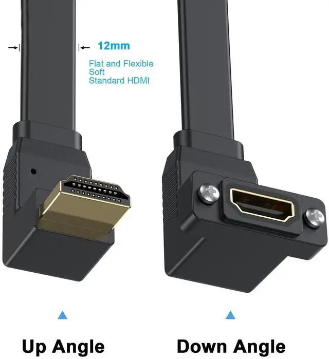 Alt view image 6 of 7 - 1.5ft Flat 90 Degree HDMI Extension Cable, Up Angle Male to Down Angle Female Panel Mount HDMI Cord Supports Ethernet ARC 3D 4K 2160P 1080P for UHD TV PC Xbox