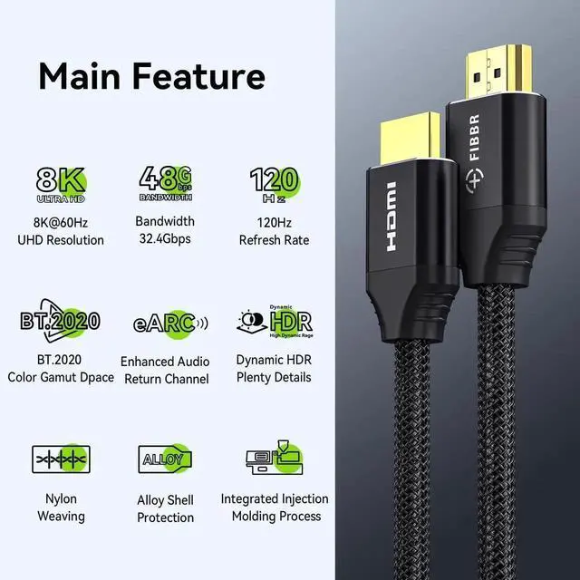 Alt view image 4 of 7 - FIBBR 8K HDMI 2.1 Cable 6ft/2m, 48Gbps Ultra High Speed HDMI Cord, 8K@60Hz 4K@120Hz 2K@240Hz eARC 3D Dynamic HDR 12Bit, Compatible with PS5 PS4 Xbox Series Laptop HDTV Projector