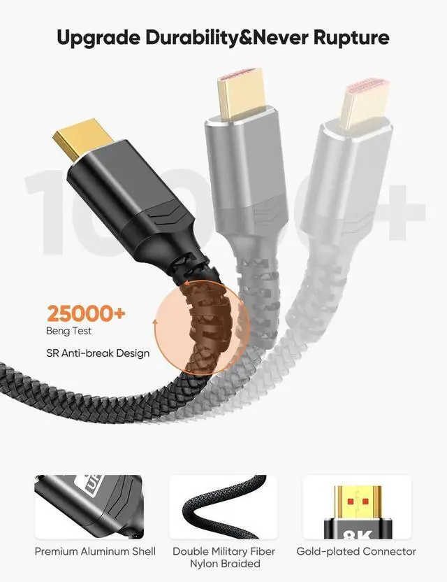 Alt view image 2 of 7 - 8K HDMI 2.1 Cable 2-Pack 6.6FT, Slim Braided 48Gbps High Speed HDMI Cord, 8K@60Hz 4K@120Hz 144Hz HDCP 2.2 2.3 Dynamic HDR eARC DTS:X Compatible with Roku TV HDTV PS5 Blu-ray RTX 3090