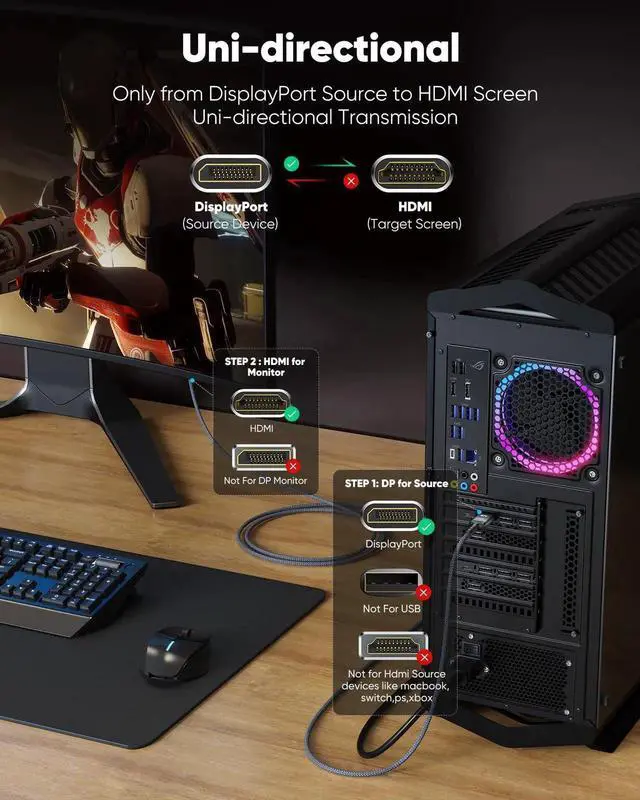 Alt view image 2 of 7 - 3.3ft DisplayPort to HDMI Cable 1.4, Uni-Directional DP Source to HDMI Display Braided Cord Support 4K@30Hz 2K@60Hz 1080P Full HD Grey Compatible with Dell NVIDIA AMD Monitor Projector