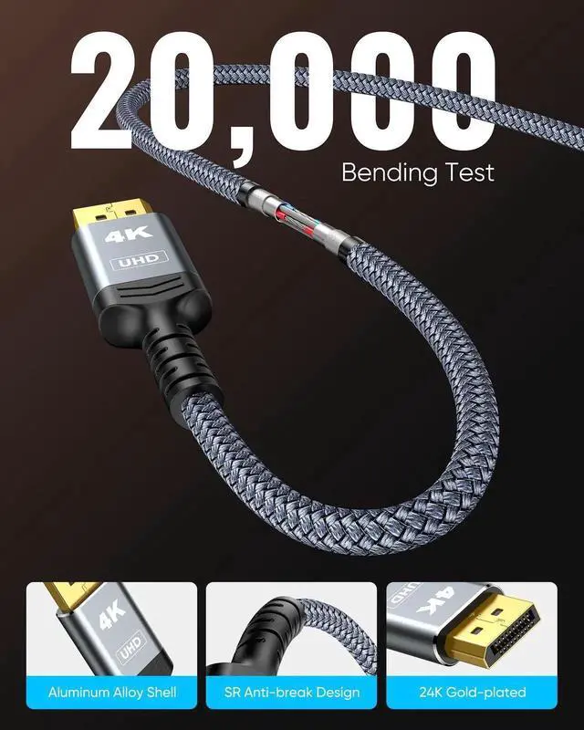 Alt view image 7 of 7 - 3.3ft DisplayPort to HDMI Cable 1.4, Uni-Directional DP Source to HDMI Display Braided Cord Support 4K@30Hz 2K@60Hz 1080P Full HD Grey Compatible with Dell NVIDIA AMD Monitor Projector