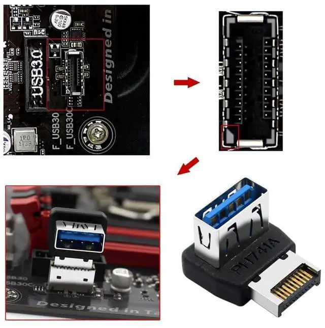 Alt view image 3 of 7 - 90 Degree Up Angled USB 3.1 Front Panel Header Adapter, Type-E Male to USB3.0 Type-A Female Data Converter for Motherboard