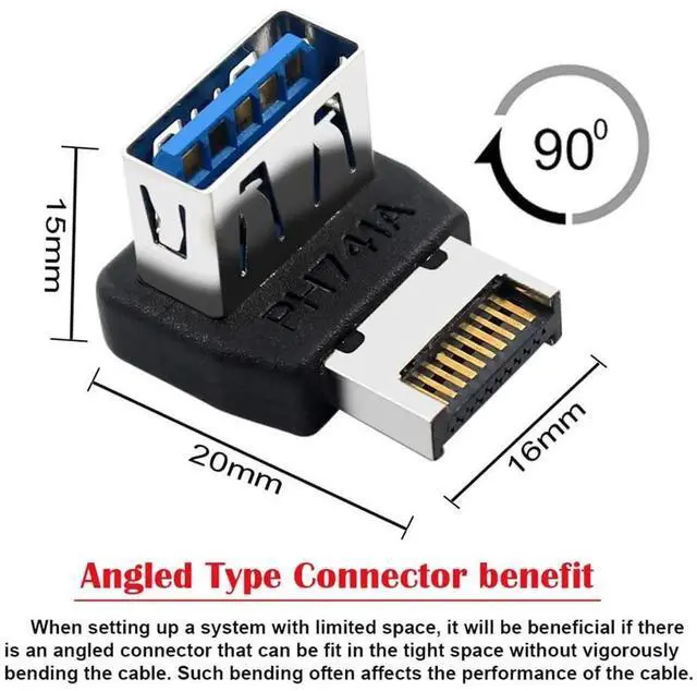 Alt view image 6 of 7 - 90 Degree Up Angled USB 3.1 Front Panel Header Adapter, Type-E Male to USB3.0 Type-A Female Data Converter for Motherboard