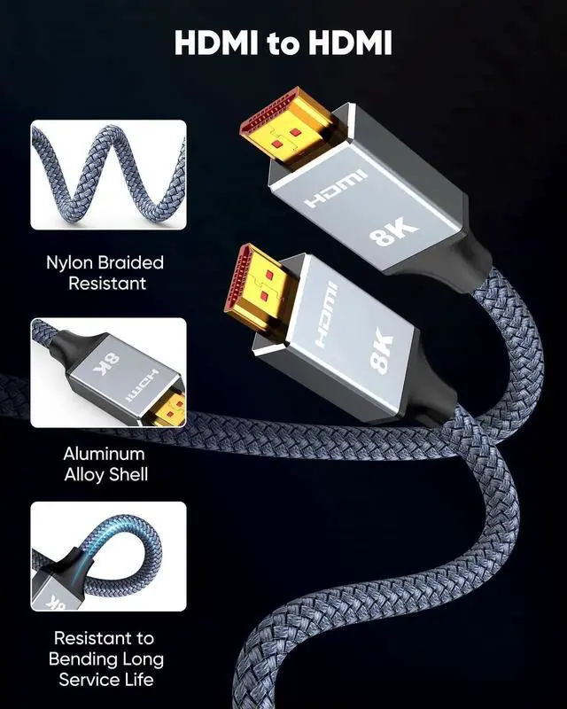 Alt view image 4 of 7 - 3.3ft HDMI 2.1 Cable 8K@60Hz 4K@120Hz, 48Gbps High Speed Grey Braided HDMI Cord Support 2K@240Hz HDR eARC DTS:X HDCP 2.2 2.3 for PS5 PS4 Gaming Console TV Monitor
