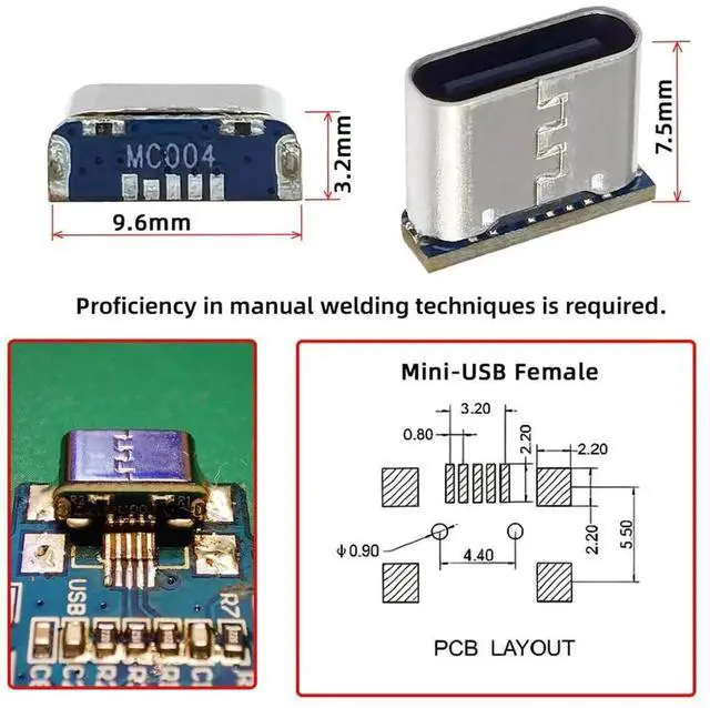 Alt view image 6 of 7 - 5Pcs/Lot Type-C Female Socket DIY Solder Connector, Replacement SMT Type for Mini-USB 5Pin Female, DC 5V Power Supply Port
