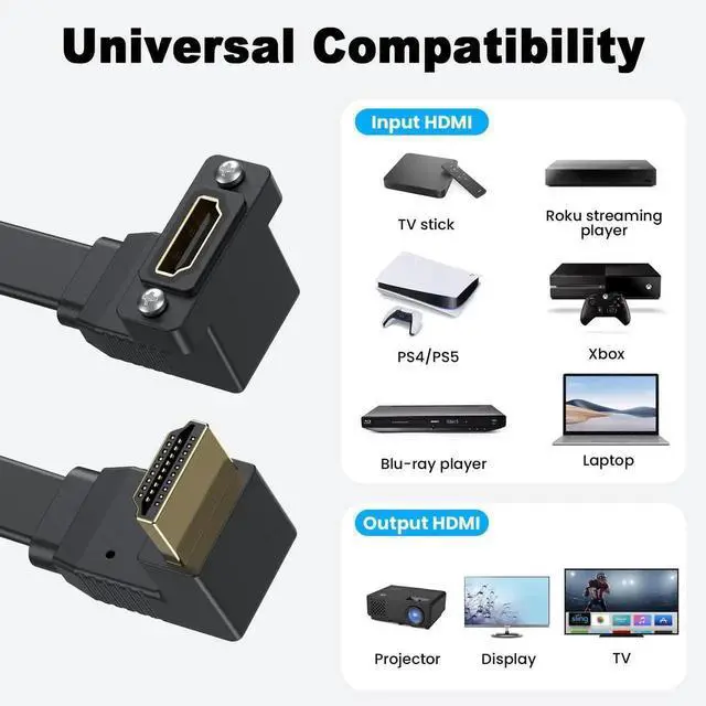 Alt view image 2 of 7 - 1.5ft Flat HDMI Extension Cable, 90 Degree Up Angle Male to Female HDMI Panel Mount Extender with Screws, 18Gbps Ethernet Support 4K@60Hz 3D 2160p Compatible with UHD TV PS4 PS3