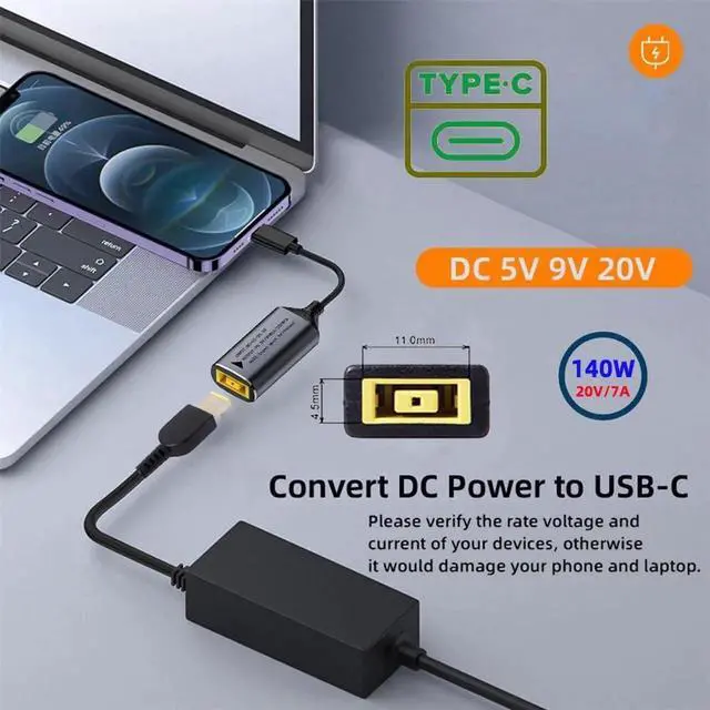 Alt view image 2 of 7 - Thinkpad X1 Rectangle Jack to USB-C 140W Power Cable, 21CM Smart LED Display PD Charging Cord Support 5V 9V 20V 7A for Laptop Phone