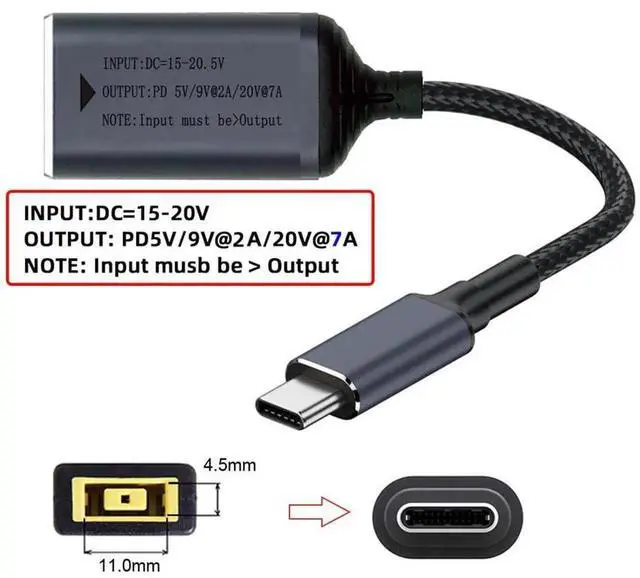 Alt view image 4 of 7 - Thinkpad X1 Rectangle Jack to USB-C 140W Power Cable, 21CM Smart LED Display PD Charging Cord Support 5V 9V 20V 7A for Laptop Phone