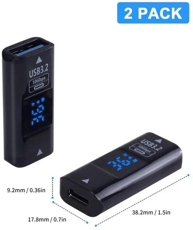Alt view image 7 of 7 - 2-Pack USB 3.2 USB A to USB C Adapter, 10Gbps Type A Female to Type C Female Coupler with Digital Display, Bidirectional Transmission Real-Time Voltage Current Monitor for Phone MacBook PC