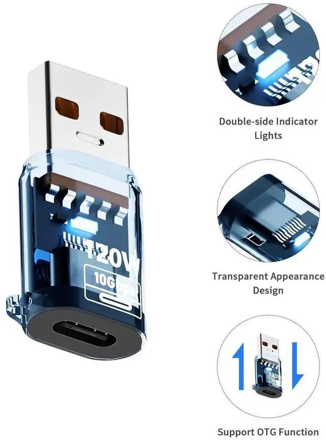 Alt view image 4 of 7 - 10Gbps USB C Female to USB A Male Adapter, 120W USB 3.2 Type C to Type A OTG Charger Converter, Transparent Blue Design Compatible with iPhone 11-15 Pro Max, Galaxy S20 S22 S23 and Earphones