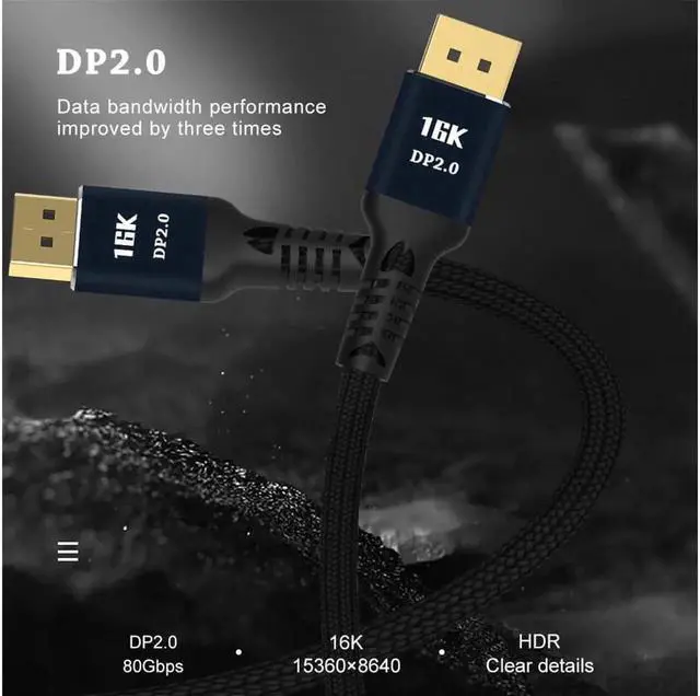 Alt view image 2 of 6 - 1M 3.3FT DisplayPort 2.0 Cable, 80Gbps HBR3 Ultra HD DP to DP Cable, 16K@60Hz 10K 8K@60Hz 4K@165Hz HDCP 3D Slim Flexible Cord for Gaming Monitor PC Graphics Card