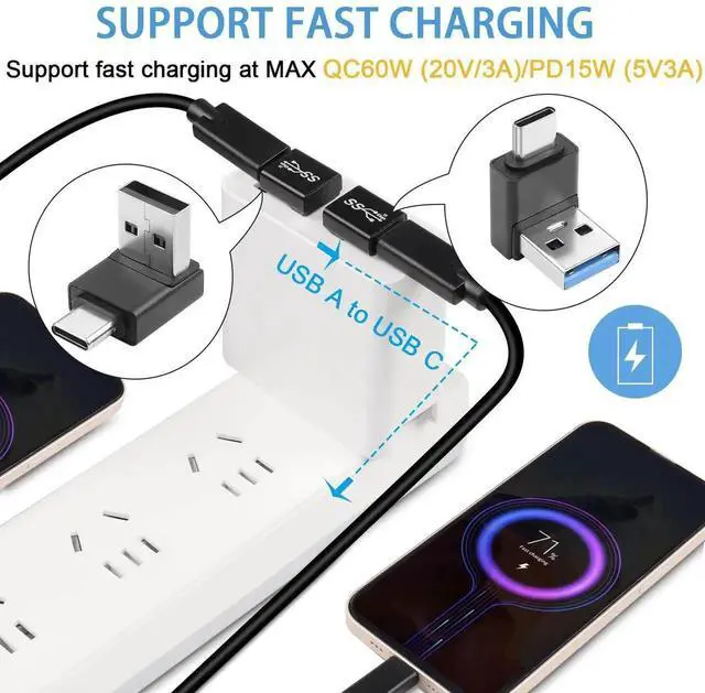 Alt view image 3 of 6 - 4Pcs 90° Right Angle USB3.1 A Male to USB C Male Adapter, 10Gbps QC60W PD15W Charging Data Connector, 2 Up + 2 Down Bend for Phone Wall Charger