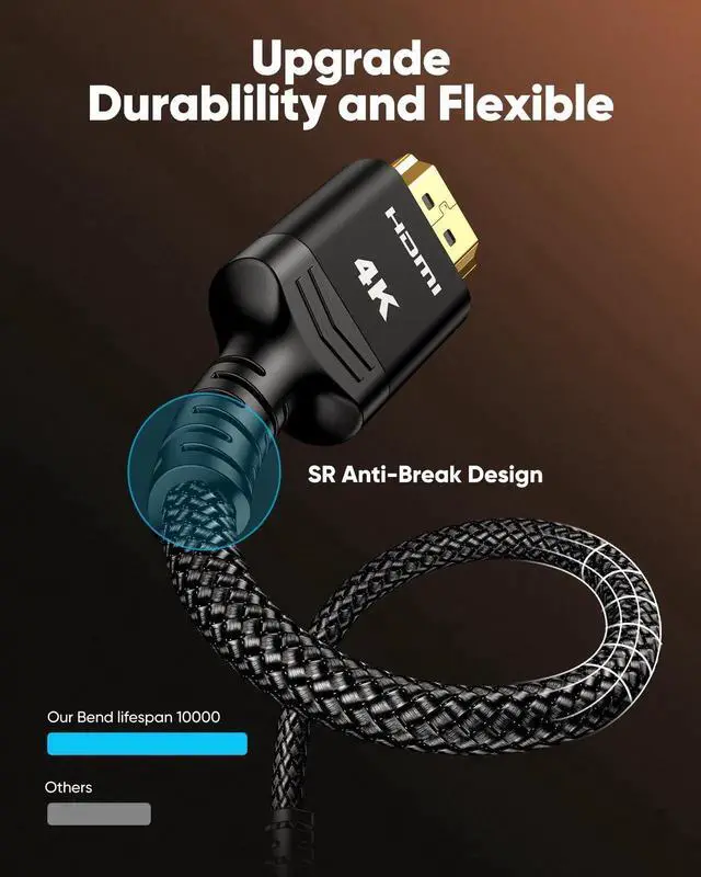 Alt view image 2 of 7 - 6.6FT 4K HDMI 2.0 Cable, Black Braided HDMI Cord 4K@60Hz HDR 18Gbps High Speed with Ethernet ARC 3D HDCP 2.2 Compatible with PS5 PS4 PS3 4K HDTV Monitor Projector Streaming Media