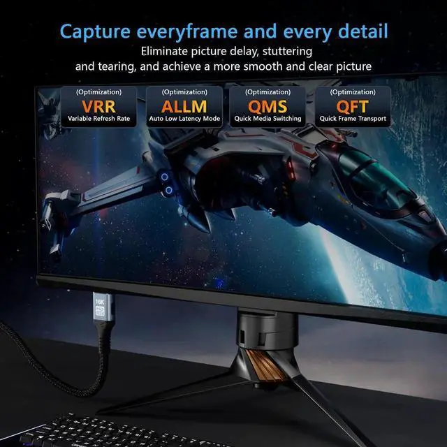 Alt view image 3 of 7 - 10FT HDMI 2.2 16K 8K Cable, 96Gbps Ultra High Speed Gaming HDMI Cord, 4K@480Hz 8K@240Hz Dynamic HDR eARC DTS:X HDCP 2.2&2.3 Compatible with PC Monitor HDTV PS5 Blu-ray