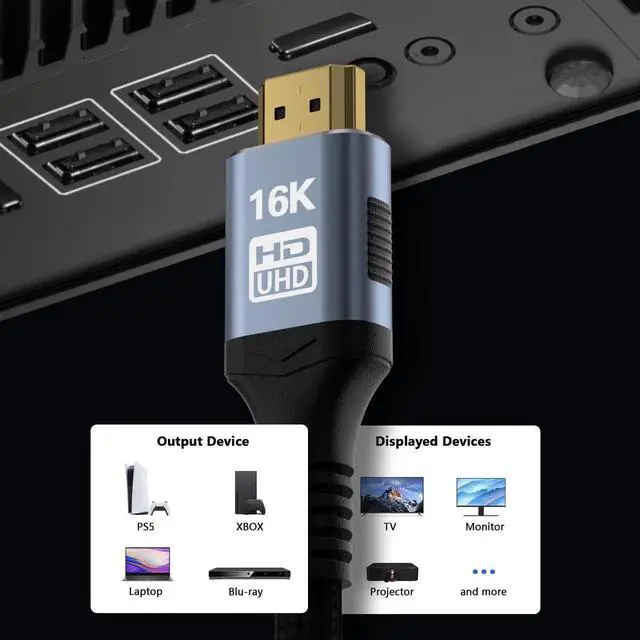 Alt view image 5 of 7 - 10FT HDMI 2.2 16K 8K Cable, 96Gbps Ultra High Speed Gaming HDMI Cord, 4K@480Hz 8K@240Hz Dynamic HDR eARC DTS:X HDCP 2.2&2.3 Compatible with PC Monitor HDTV PS5 Blu-ray