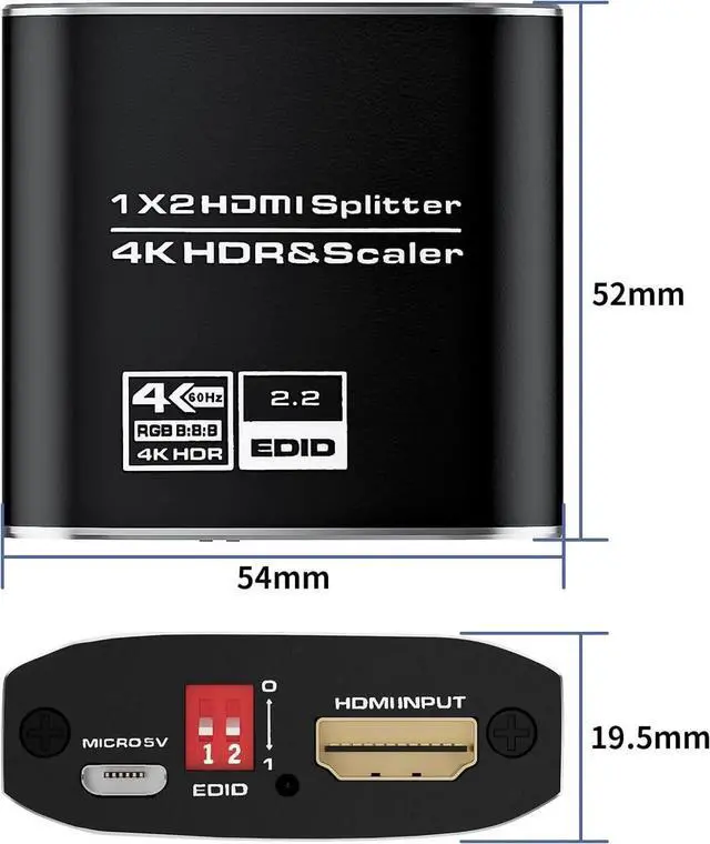 Alt view image 5 of 7 - 1x2 HDMI Splitter 4K@60Hz HDR, HDMI 2.0 1 in 2 Out Splitter Supports HDCP 2.2 & EDID Control for Xbox, PS3/4/5, PC, TV, Fire Stick, Blu-Ray Player