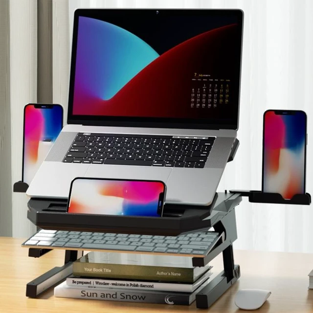 Alt view image 8 of 12 - Double Layer Foldable Lift Laptop Stand Aluminum Computer Heightening Bracket (Black)
