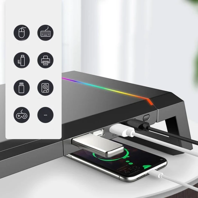 Alt view image 10 of 14 - ICE COOREL T1 Monitor Increased Rack Foldable Laptop Stand With RGB Lighting & 4xUSB Expansion Interface (Moonlight White)