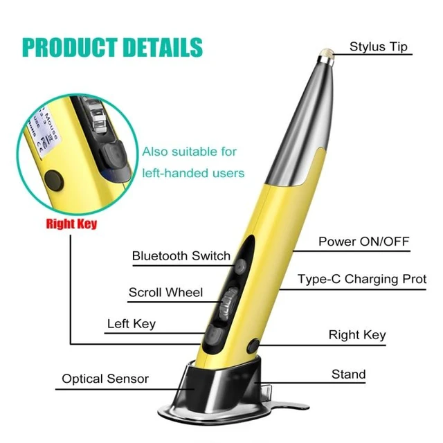 Alt view image 10 of 14 - PR-A19 2.4GHz Wireless Charging Bluetooth Mouse Pen Type Shining Quiet Mouse(Silver Gray) - OEM