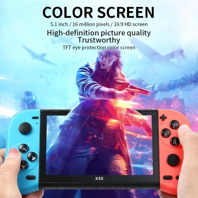 Alt view image 9 of 14 - X50 5.1 inch Screen Handheld Retro Game Console 8G Memory with 6000+ Games X50 / Red+Blue (Red+Blue) Black
