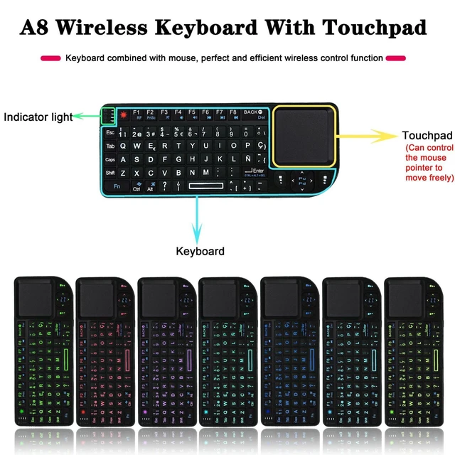 Alt view image 8 of 10 - A8 Mini Wireless Mouse And Keyboard With Laser Touchpad Keyboard, Colour: English White Backlight