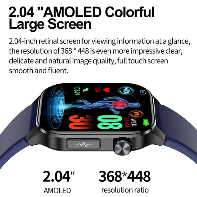 Alt view image 10 of 14 - ET580 2.04 inch AMOLED Screen Sports Smart Watch Support Bluetooth Call / ECG Function (Red Silicone Band) - OEM