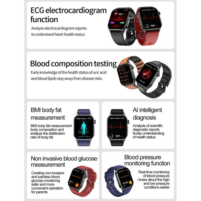Alt view image 9 of 14 - ET580 2.04 inch AMOLED Screen Sports Smart Watch Support Bluetooth Call / ECG Function (Red Silicone Band) - OEM