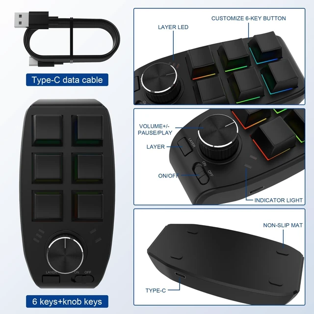 Alt view image 8 of 10 - Bluetooth Wireless RGB Custom Mechanical Keyboard 6 Keys 1 Knob Programming Gaming Keypad