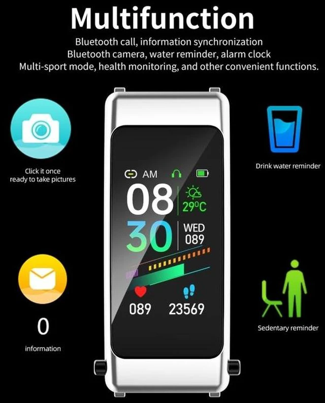Alt view image 11 of 14 - K50 1.08 inch Silicone Band Earphone Detachable IP67 Waterproof Smart Watch Support Bluetooth Call Silicone Band (Black) (Black)