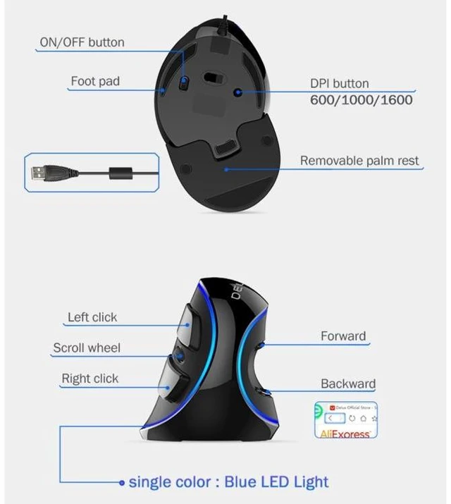 Alt view image 12 of 14 - DELUX M618 Plus Wired Blue Version Optical Mouse Ergonomic Vertical Mouse 1600DPI