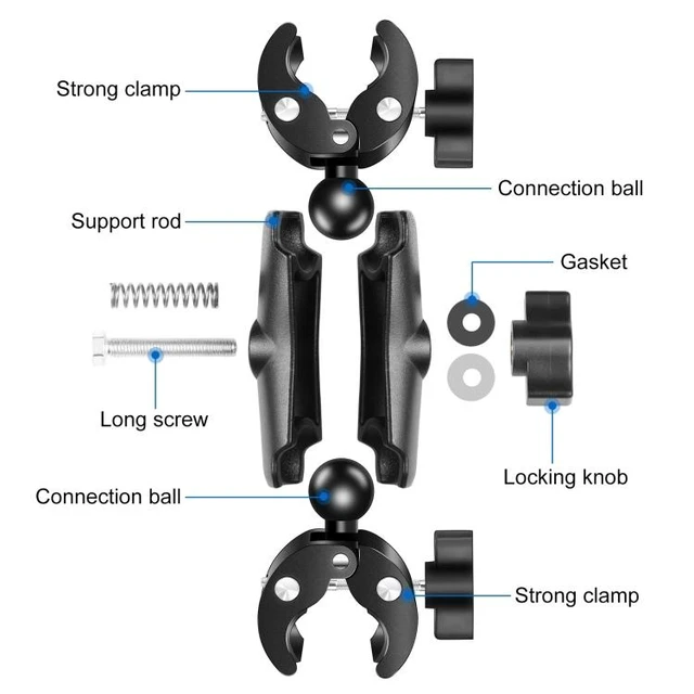 Alt view image 9 of 13 - PULUZ Motorcycle Dualheads Crab Clamp Action Camera Handlebar Fixed Mount(Black)