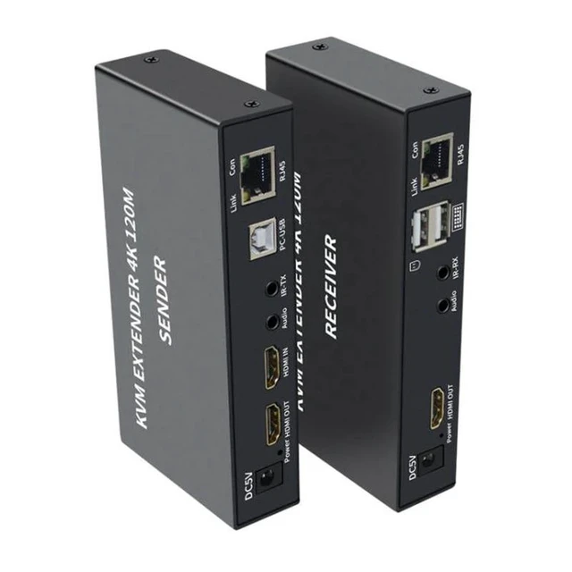Alt view image 10 of 12 - 4K HDTV 120M KVM Extender HDMI-Compatible USB-A Keyboard Mouse 3.5mm AUX Aluminium Alloy Over CAT6 RJ45 Lan Ethernet Extender(With US Plug)