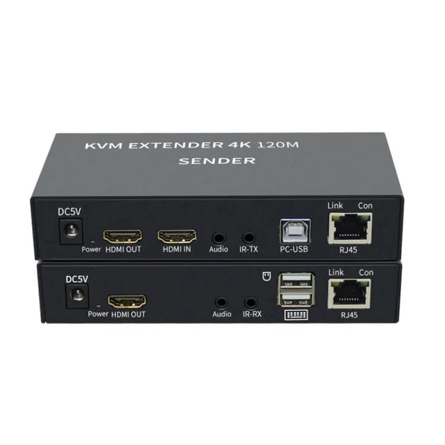 Alt view image 12 of 12 - 4K HDTV 120M KVM Extender HDMI-Compatible USB-A Keyboard Mouse 3.5mm AUX Aluminium Alloy Over CAT6 RJ45 Lan Ethernet Extender(With US Plug)