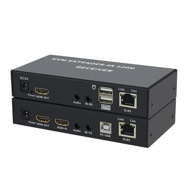 Alt view image 8 of 12 - 4K HDTV 120M KVM Extender HDMI-Compatible USB-A Keyboard Mouse 3.5mm AUX Aluminium Alloy Over CAT6 RJ45 Lan Ethernet Extender(With US Plug)