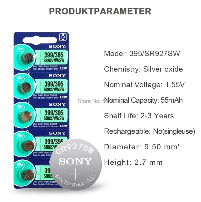 Alt view image 2 of 6 - 2PC FOR SONY 395 SR927SW 399 SR927W AG7 LR927 1.55V Button Cell Watch Coin Battery Watch batteries MADE IN JAPAN