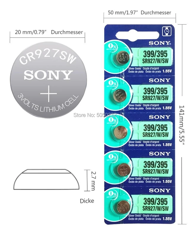 Alt view image 3 of 6 - 2PC FOR SONY 395 SR927SW 399 SR927W AG7 LR927 1.55V Button Cell Watch Coin Battery Watch batteries MADE IN JAPAN
