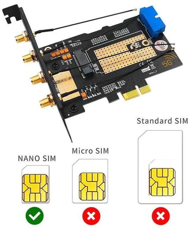 Alt view image 9 of 13 - M.2 Wifi Module to PCIE X1 / USB 3.0 Expansion Card 4 Antennas NANO SIM Slot NGFF B Key for 30x42/52 3G 4G 5G M2 Wireless Module