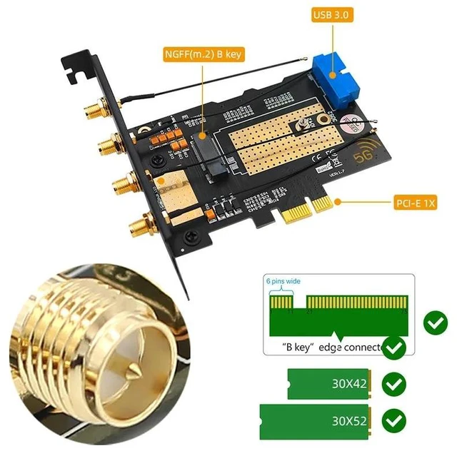 Alt view image 11 of 13 - M.2 Wifi Module to PCIE X1 / USB 3.0 Expansion Card 4 Antennas NANO SIM Slot NGFF B Key for 30x42/52 3G 4G 5G M2 Wireless Module