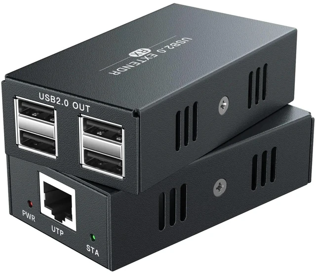 Alt view image 7 of 12 - USB Extender Over Single Ethernet Cat5e/6 up to 50M USB RJ45 LAN Extension with 4 USB 2.0 Hub for Webcam Printer Keyboard Mouse(AU Plug)