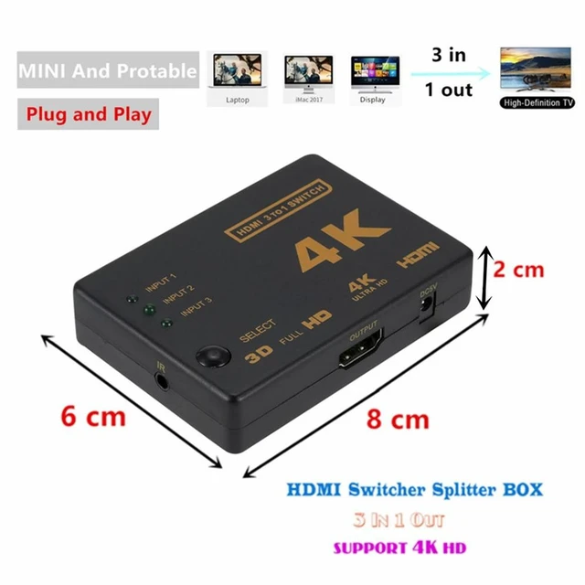 Alt view image 8 of 10 - 3x1 HDMI-Compatible Switch Splitter 3 Input 1 Output 4K HDMI Switcher Adapter 3 Port HDMI Cable Hub for Xbox DVD HDTV PC Laptop