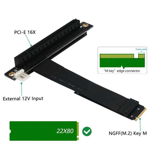 Alt view image 8 of 12 - Riser PCIE 16x To M2 M.2 NVMe Key-M 2230 2242 2260 2280 Riser Card 32G/bps Gen3.0 Cable PCI Express x16 Extender with Sata Power