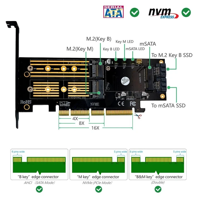 Alt view image 10 of 12 - Add On Cards M.2 NVME NGFF mSATA Riser PCIE to M2 Adapter with Gold M.2 Heatsink SSD Cooling PCI Express X4/X8/X16 Raiser
