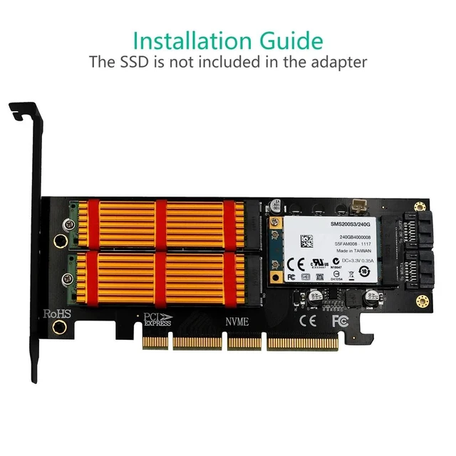Alt view image 12 of 12 - Add On Cards M.2 NVME NGFF mSATA Riser PCIE to M2 Adapter with Gold M.2 Heatsink SSD Cooling PCI Express X4/X8/X16 Raiser