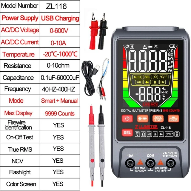 Alt view image 2 of 2 - USB Charging Large Screen Smart Multimeters Digital DC AC Current True RMS Auto Electrical Capacitance ohm Temp Multimetro test(ZL116Crocodile clips)