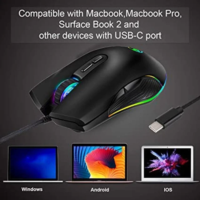 Alt view image 11 of 12 - USB C Mouse Type C Ergonomic Wired Mouse RGB Gaming Mouse Optical Mouse
