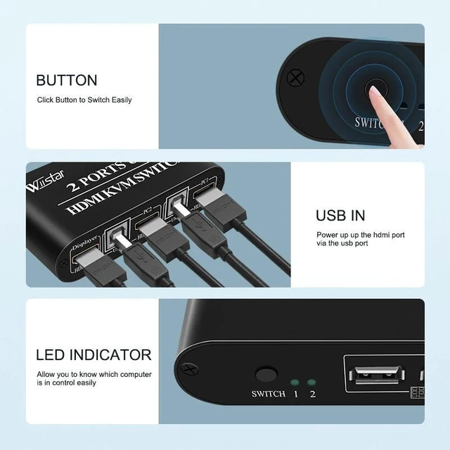 Alt view image 8 of 12 - 2X1 HDM KVM Switch Box Selector HDMI Switch 2 In 1 Out Sharing USB 2.0 monitor mouse keyboard for 2 Computer Laptops PCs(only Kvm)