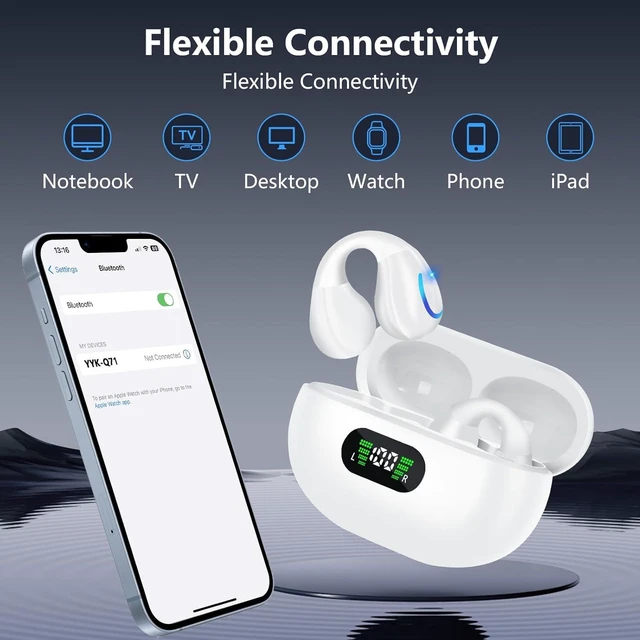Alt view image 9 of 12 - Open Ear Bone Conduction Headphones Bluetooth 5.3 Wireless Open Clip Ear Earbuds Built-in Mic with Ear Hooks 60 Hours Playtime Sport Earphones IPX7 Waterproof for Fitness Running Walking White 1
