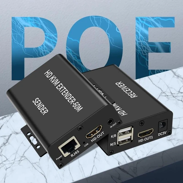 Alt view image 7 of 12 - 60M HDMI KVM Extender over Rj45 Cat5e/6 1080P HDMI USB KVM Ethernet Extender Transmitte Receiver Kit Support USB Mouse Keyboard(with UK Plug)